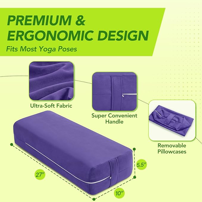Wellsin Rectangular Yoga Bolster - Meditation Pillow with Washable Suede Cover, 27"X10" X5.5" - Bloomnest