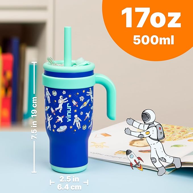 VINUR 17 oz Tumbler for Kids-Stainless Steel Double Wall Vacuum Insulated Tumbler with Handle, Leak Proof Water Cup with Lid and Straw (Astronaut) - Bloomnest