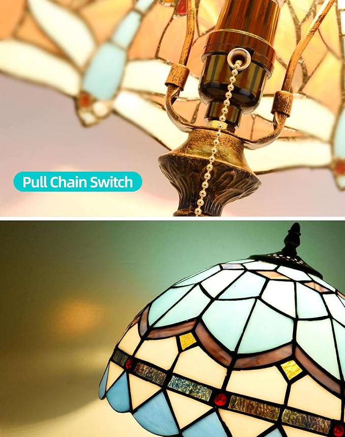 Tiffany Table Lamp, 12-inch Mediterranean Blue Style, Stained Glass Lamp for Living Room, Dining Room, Bedroom, Study Room, Office - Bloomnest