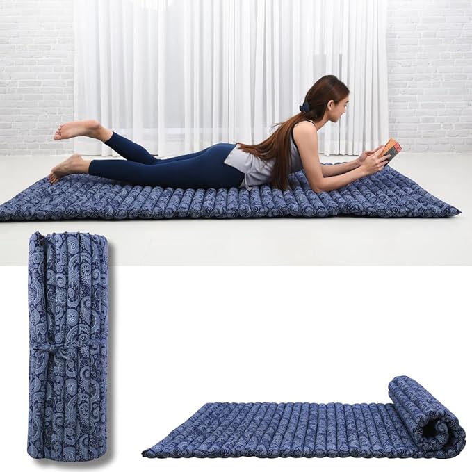 Leewadee - Kapok Roll Mat – Handcrafted Folding Sleep & Relaxation Mattress from Thailand, Ideal as Guest Bed, Camping Mat, Yoga Mat or Traditional Futon, 75 x 39 inches, Blue White - Bloomnest