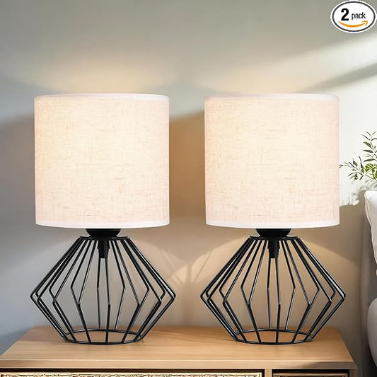 Hamilyeah Bedside Lamps Set of 2, Black Table Lamps with Beige Linen Fabric Shade, Industrial Lamps for Night Stands with On/Off Switch, Modern Simple Desk Lamps for Bedroom, Living Room - Bloomnest