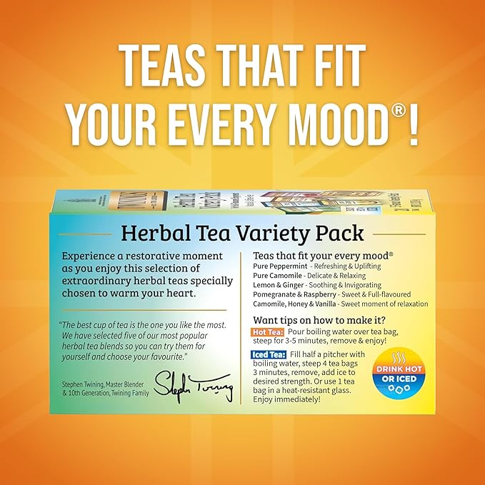 Twinings Herbal Tea Variety Pack, 20 Count (Pack of 1), Formerly Assorted Herbal, Includes 5 Flavours, Naturally Caffeine-Free, Enjoy Hot or Iced, 20 Teabags - Bloomnest