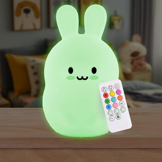 Lumipets Baxter The Bunny Squishy Night Light for Kids | Silicone Lamp with Tap & Remote Control | Rechargeable Color Changing Animal Night Light for Boys & Girls | Portable Nightlight with USB Cord - Bloomnest
