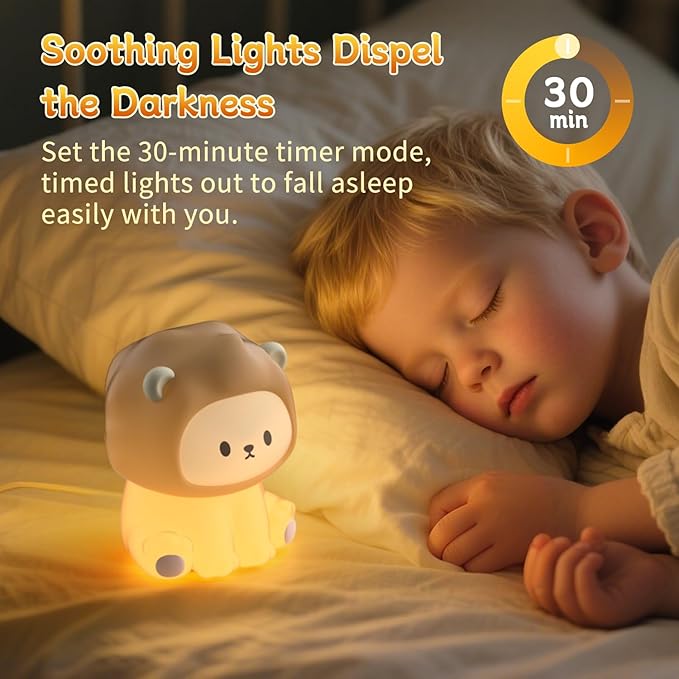 Cute Lion Night Light for Kids, Rechargeable Nursery Lamp with Timer, 3 Brightness Levels & Warm Light, Soft Silicone Baby Night Light, Tap Control, Gift for Toddlers - Bloomnest