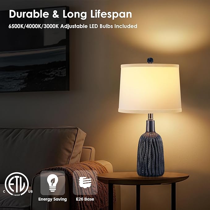 GRUENLICH Ceramic Table Lamp Set of 2 for Nightstand, 22.5" Modern Blue Bedside Lamp with 3 Adjustable Color Temperature, Bedroom Light for Living Room Desk End Table Office (2 LED Bulbs Included) - Bloomnest