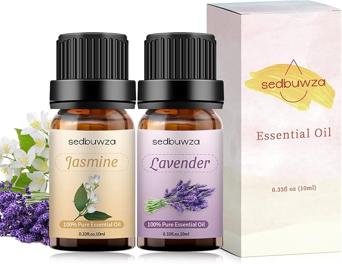 Sedbuwza Lavender Jasmine Essential Oil Set, Lavender Fragrance Oil Jasmine Scent Oil Set for Diffuser, Aromatherapy, Massage, Soap, Candle Making 2 x 10 ml Sedbuwza