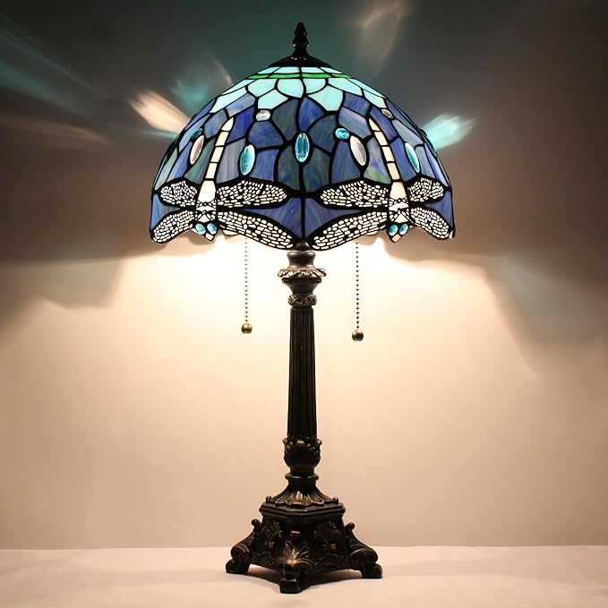 Tiffany Lamp Blue Dragonfly Style Stained Glass Table Lamp Desk Reading Light 12X12X21 Inches with Resin Base Decor Bedroom Living Room - Bloomnest