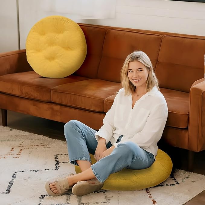 Meditation Floor Pillow Set of 2, Round Large Pillows Seating for Adults, Tufted Corduroy Cushion for Tatami Living Room, 22x22 Inch FP-Yellow-R