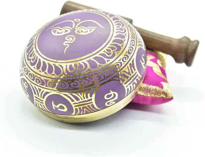 3.75" Tibetan Meditation Yoga Singing Bowl Green Set with free Wooden Mallet and Silk Cushion from Nepal, Singing bowls. (Purple) - Bloomnest