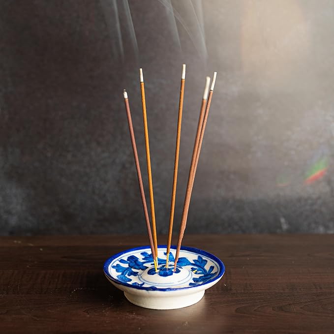 Blue Pottery Agarbatti Stand Ceramic Plate with Holes Handicrafted Designer Incense Holder Decorative Accessory for Home Office and Gifting (White and Blue Design-2) - Bloomnest