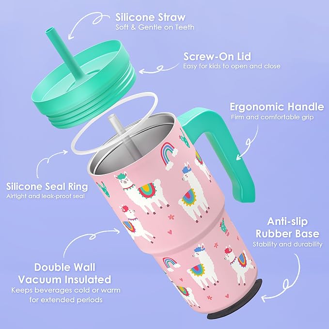 Llama Tumbler 20oz with Handle and Silicone Straw Lid for Kid, Insulated Stainless Steel Cup, Gift for Kids Girls, Gifts Idea for Birthday Christmas Back to School - Bloomnest