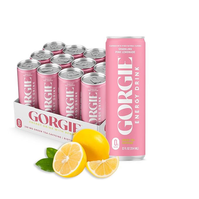GORGIE Sugar-Free Natural Energy Drinks, Pink Lemonade (12 Pack) - Healthy Energy Drink - Natural Coffee Replacement with Green Tea Caffeine and Biotin, 150mg Caffeine, Vegan, Low Calorie - Bloomnest