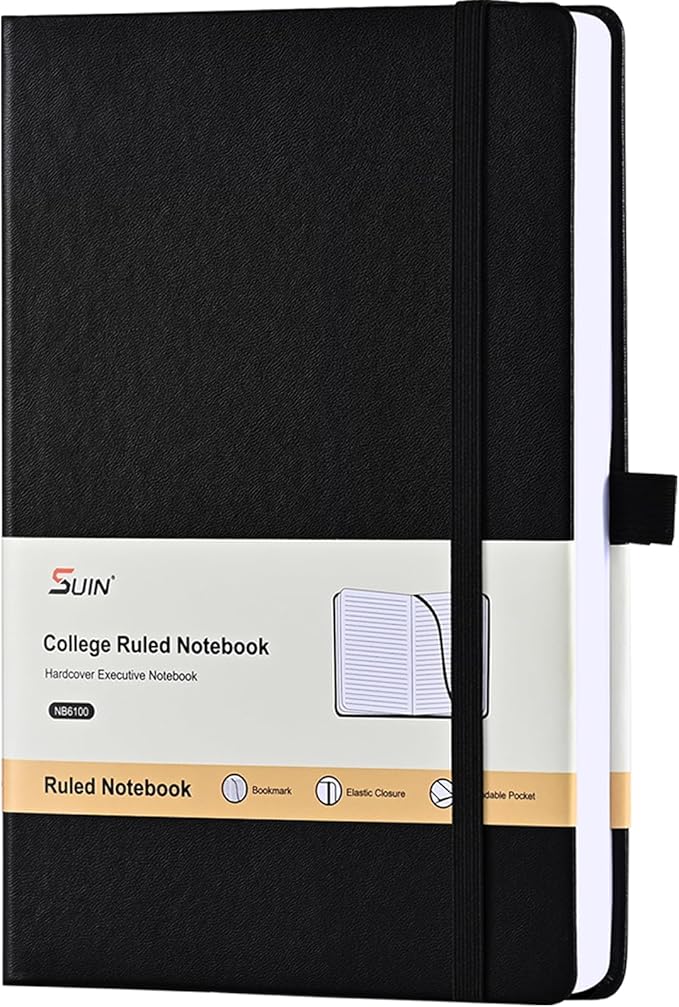 SUIN Lined Journal Notebook, Leather Hardcover Journal for Work, School, Travel, 100 GSM Paper, 160 Pages, 5.5x8.3 Inch, College Ruled, Black, 1-Pack - Bloomnest