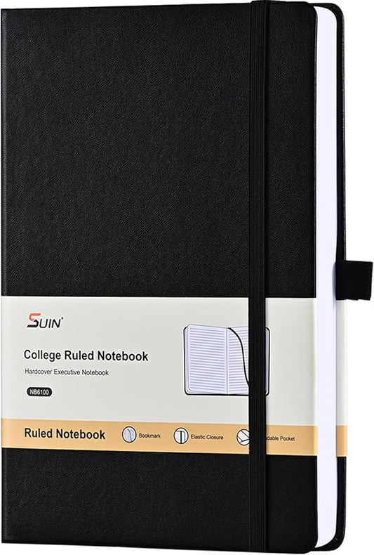 SUIN Lined Journal Notebook, Leather Hardcover Journal for Work, School, Travel, 100 GSM Paper, 160 Pages, 5.5x8.3 Inch, College Ruled, Black, 1-Pack - Bloomnest