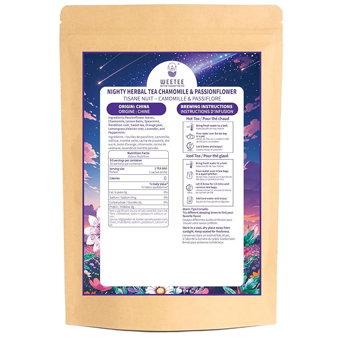 WT WEETEE Chamomile & Passionflower Nighty Herbal Tea Bags 50 Counts, Includes Spearmint, Valerian Root, Lavender, Peppermint & More, Natural Caffeine-free - Bloomnest