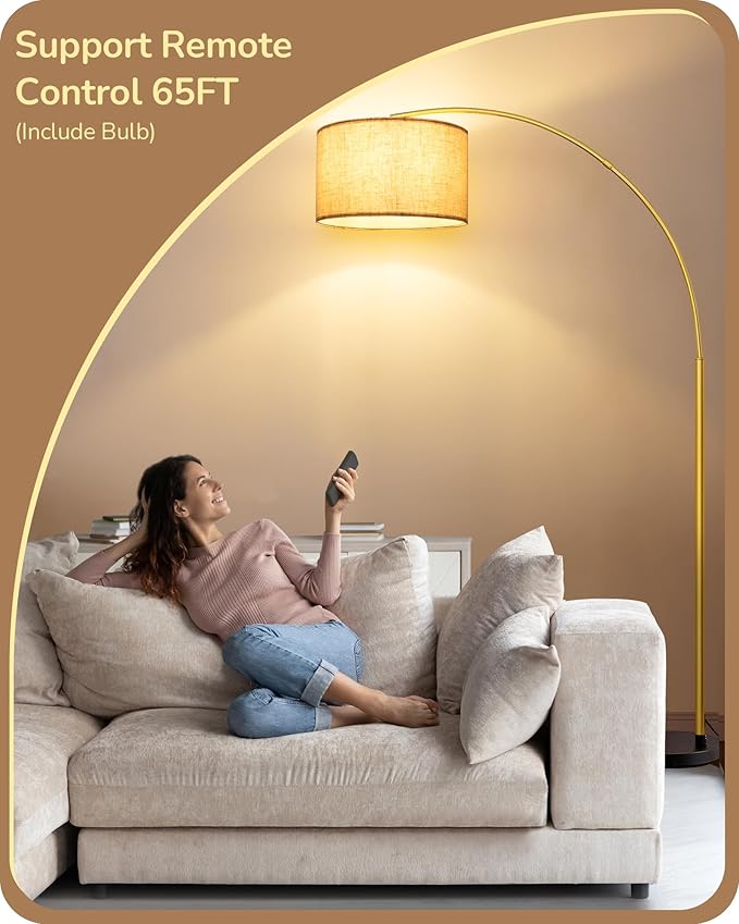 EDISHINE 78.3" Gold Arched Floor Lamp with Remote, Mid Century Modern Reading Light Over Chair, Tall Arc Standing Lamp for Living Room, Home Office, Reading Room, Dining Room, Dimmable Bulb Included - Bloomnest