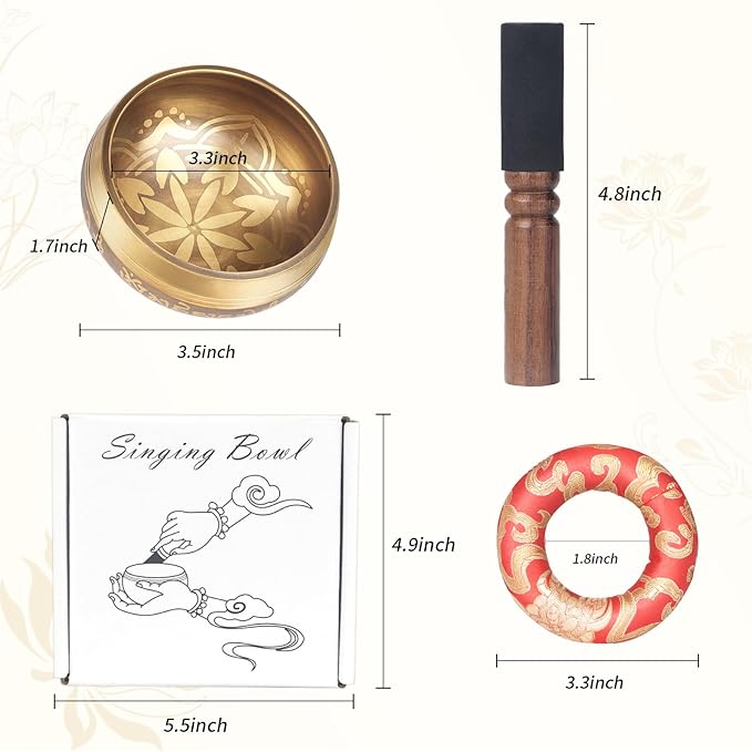 Kmise Tibetan Singing Bowls Set- Handmade in Nepal Meditation Sound Bowls for Yoga, Meditation, Mindfulness, Healing and Chakra Balancing, Stress Relief (3.5', Gold Flower) - Bloomnest
