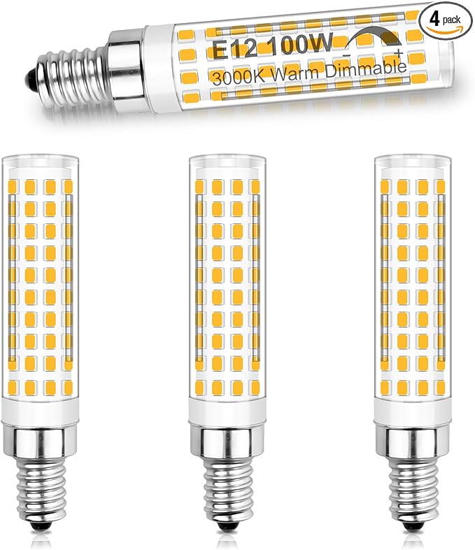 E12 LED Bulbs Dimmable 100W 120V C7 Equivalent Energy Saving LED Chandelier Light Bulbs, 12W 1200LM Warm White 3000K T6 LED Light Bulbs for Ceiling Fan Pendant Lighting Salt Lamp, Pack of 4 - Bloomnest
