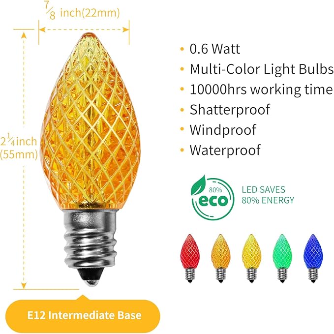 Meconard C7 Led Replacement Christmas Light Bulbs, C7 Shatterproof Led Bulbs for Christmas Indoor Outdoor String Lights, E12 Candelabra Base, Commercial Grade Holiday Bulbs, Multi-Color, 25 Pack - Bloomnest