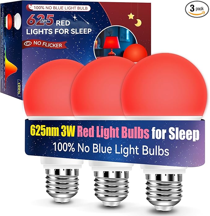Neporal 3W 625nm Red Light Bulbs for Sleep, 100% Blue Light Blocking Bulb, Red Light Night Light for Melatonin Promoting, A19 40W Equivalent Dim Light Bulbs for Bedroom, Baby Nursery, 3 Pack - Bloomnest