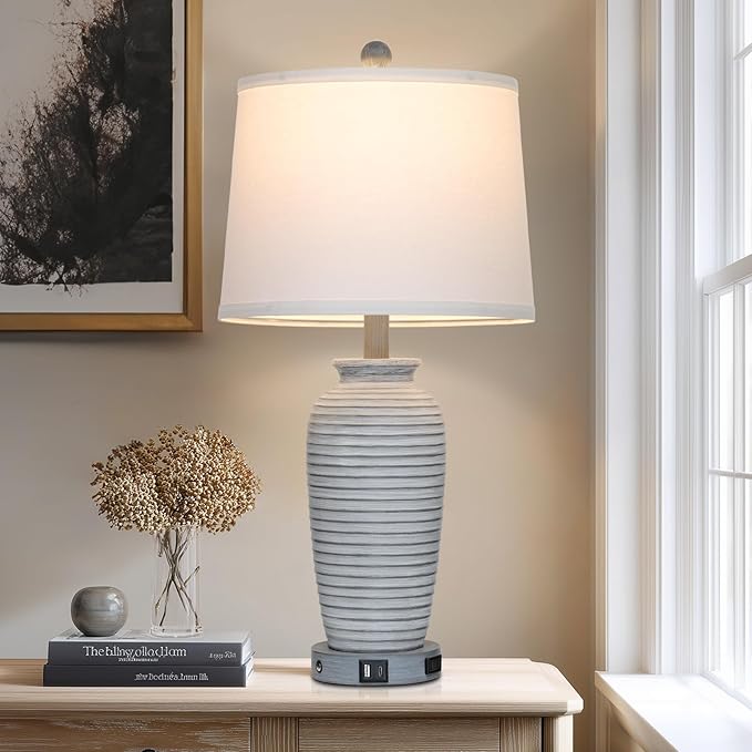 25" Vintage Farmhouse Jar Table Lamps, Single Rustic Bedside Lamp with USB A+C Ports & AC Outlet, Nightstand Lamps for Living Room, Bedroom, End Table, Grey White(LED Bulb Included) - Bloomnest