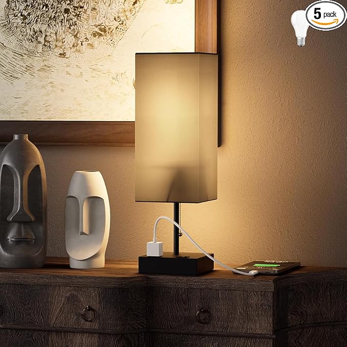 Table Lamp for Bedroom with USB,Bedside Lamp with USB C+A Charging Ports,Adjustable 3color LED Light for Home Decor/Nightstand/Office,Included Bulb and Fabric Lamp Shade (Linen Black, 1PCS) - Bloomnest