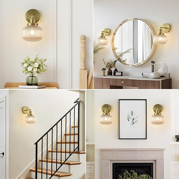 Vintage Wall Sconces with Amber Pumpkin Glass Lampshade, Indoor Bathroom Wall Sconce, Modern Gold Industrial Lighting Fixture for Mirror Living Room Hallway 2 Pack - Bloomnest