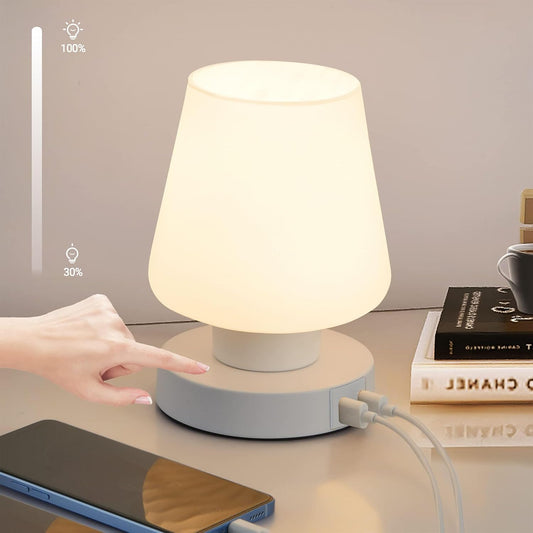 Touch Bedside Lamp, Mini Stepless Dimmable Table Lamps for Bedroom for Night Stands, Small Desk Lamp with Brightness Memory, USB Charging Ports, Warm LED Bulb, White, Conical Shape, 1 Set