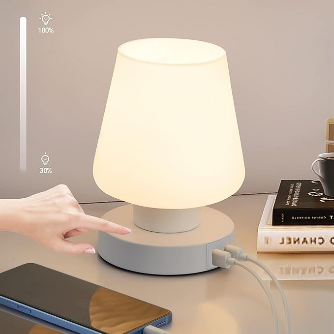 Touch Bedside Lamp, Mini Stepless Dimmable Table Lamps for Bedroom for Night Stands, Small Desk Lamp with Brightness Memory, USB Charging Ports, Warm LED Bulb, White, Conical Shape, 1 Set - Bloomnest