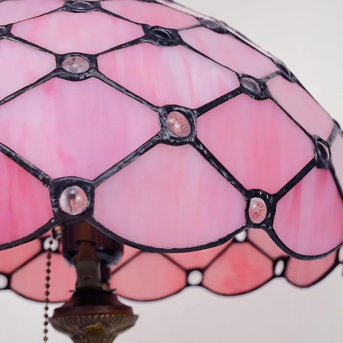 Tiffany Lamp Vintage Pink Stained Glass Bead Table Lamp Desk Bedside Reading Light Decor Bedroom Living Room Home Office D12*H18 Inches - Bloomnest