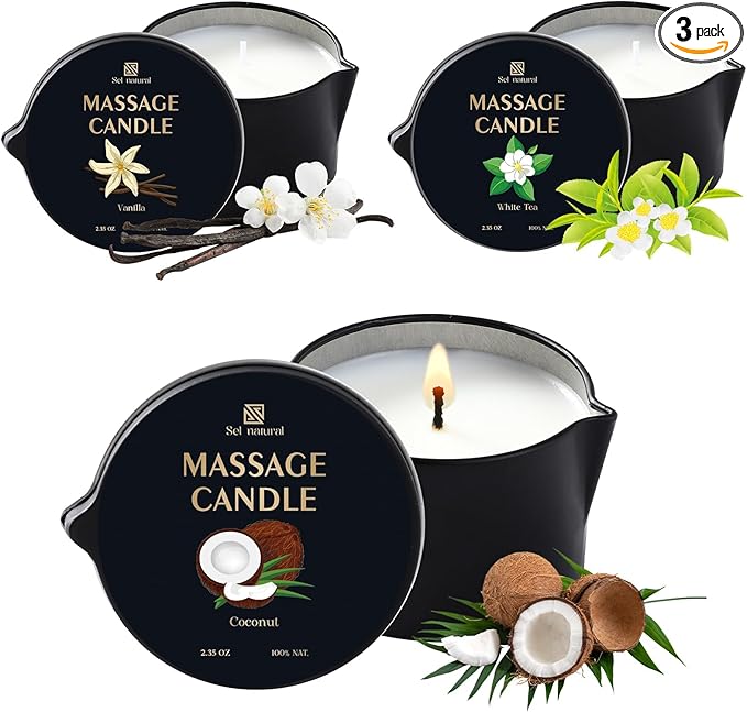 3 Pack Massage Oil Candles 2.35oz Low Temp Massage Candles 3 Scent Vanilla, White Tea, Coconut Spa Therapy Body Oil Home Gift for Relaxation, Couples, or Self-Care (Vanilla, White Tea, Coconut) - Bloomnest