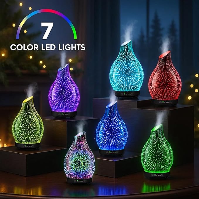 120ML Essential Oil Diffuser, 3D Glass Aromatherapy Diffuser with Auto Shut-Off and 7 Color LED Lights, Ultrasonic Mist Humidifier with 4 Timer for Home Office Bedroom (3D Fireworks) - Bloomnest