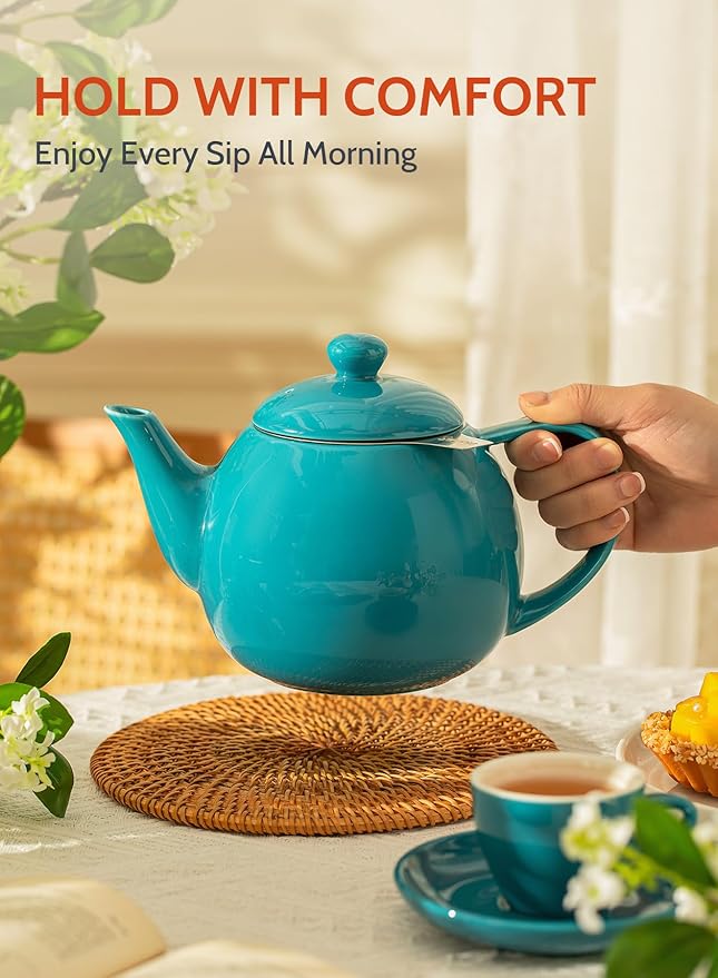 Sweese Teapot, Porcelain Tea Pot with Stainless Steel Infuser, Blooming & Loose Leaf Teapot - 27ounce, Steel Blue - Bloomnest