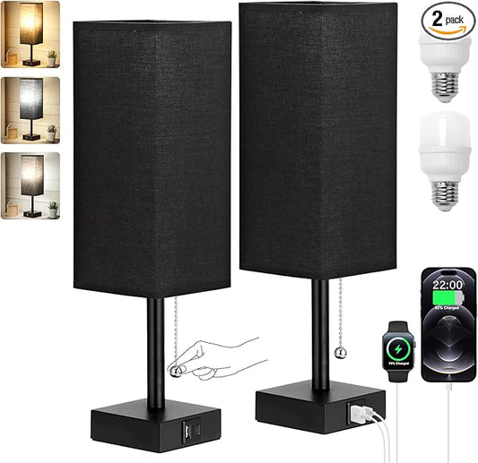 Bedside Table Lamps Set of 2 - Black Bedroom Lamps with 3 Color Temperatures (3000K/5000K/4000K), Two Square Nightstand Lamps with USB C + A Charging Ports, Pull Chain Small Night Light for End Table - Bloomnest