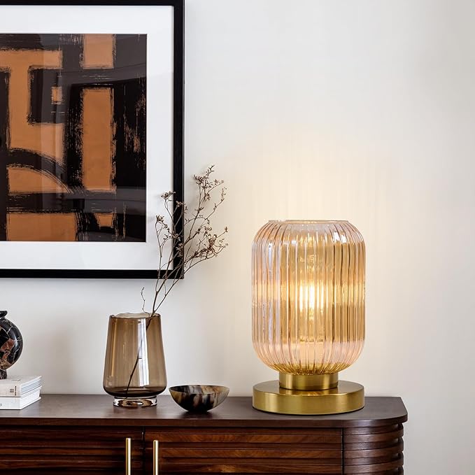 Mid Century Modern Table Lamp: Vintage Amber Ribbed Glass Globe Dimmable Plug in Small Bedside Lamps - Cute Brass Gold Side Table Lamp Nightstand Light for Bedroom Entryway Office Desk Living Room - Bloomnest