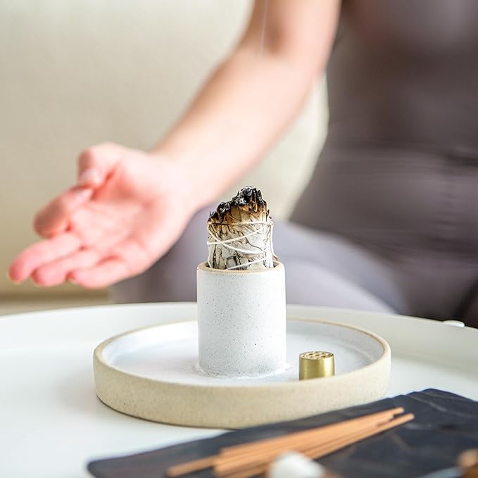 Ceramic Sage Holder for Burning 3 in 1 - Sage Smudge Kit - Incense Holder for Sticks - Palo Santo Holder - White Sage Burner - Altar Supplies Decor - White Sage, Palo Santo, Incense Sticks Included Amarcado