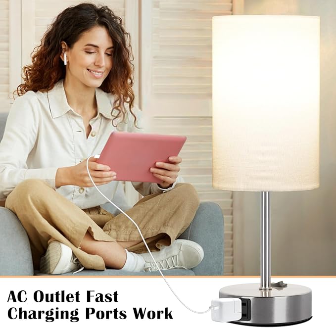 ZJOJO Table Lamp for Bedroom Set of 2, Bedside Small Lamps with 3 Way Dimmable Rocker Switch and AC Outlet, Nightstand Desk Lamp with White Fabric Shade Nickel Base for Living Room Home Decor Lights - Bloomnest