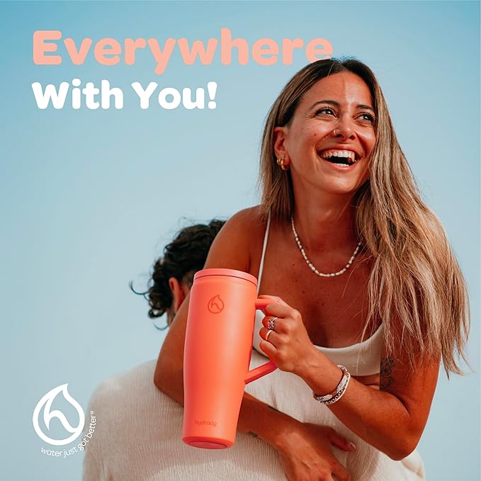 Hydracy 40oz Tumbler with Lid and Straw Stainless Steel Insulated Water Bottle with Handle, Reusable Leakproof Rotatable Lid for Left or Right Hand Use, Cupholder Friendly Rubber Base - Coral Crush - Bloomnest
