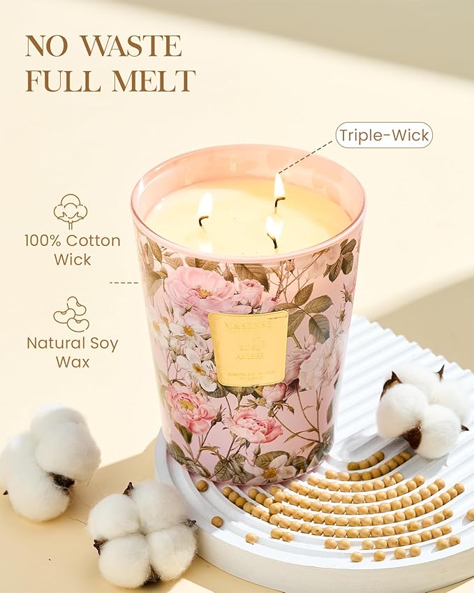 M&SENSE Extra Large Candle Rose Amber Scented, 3-Wick 35oz 150H Long Lasting, Natural Soy Wax Aromatherapy Candle for Stress Relief, Home Fragrance Housewarming Gifts Candle for Home Decor - Bloomnest