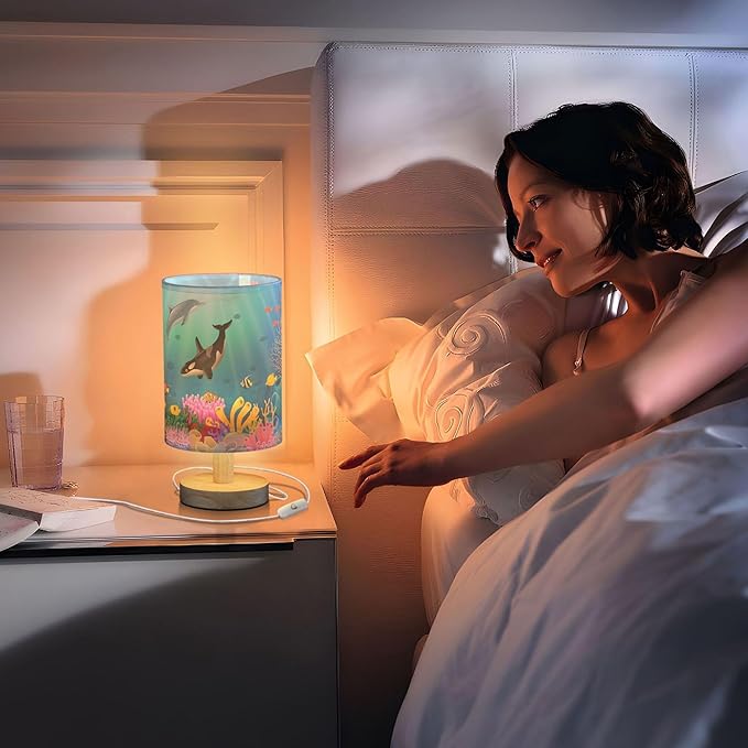 Table Lamp Cartoon Dolphin Killer Whale Sea Fish Coral Underwater in Ocean Nightstand Lamp with Wood Base Fabric Lamp Shade Bedside Desk Lamp for Living Room Bedroom Kids Room Office - Bloomnest