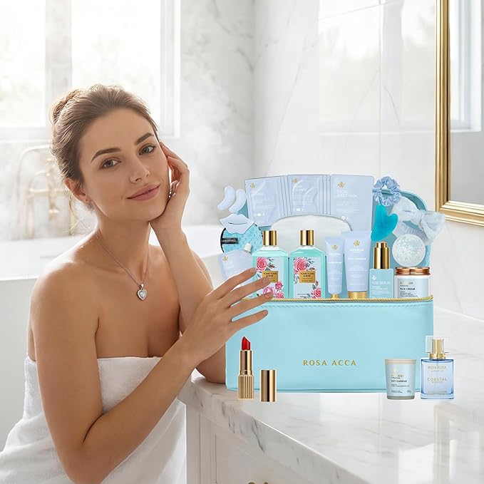 25 Pcs Bath & Body Gift Set for Women, Skin Care Kit, Spa Gift Basket, Self Care, Facial Sheet Mask, Perfume, Cosmetic Bag, Serum, Necklace, Bath Bomb, Christmas, Valentine's, Birthday, Mothers Day