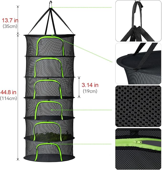 Herb Drying Rack Hanging Mesh 6 Layer - Ht 40", W 23.4"- with Double-Zipper, Garden Pruning Shear, S Hook, for Drying Herbs, Plants, Seeds, Buds | Outdoor, Hydroponics Herb Dryer Hanging Rack - Bloomnest