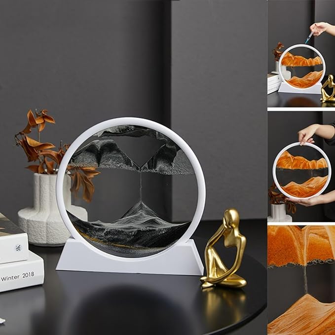 BGFJYUK Moving Sand Art Picture in Motion, Round Glass 3D Deep Sea Sandscapes with Display Flowing Sand Frame for Relaxing Desktop Home Office Work Décor for Kids Adults (White Frame Black, 12inch) - Bloomnest