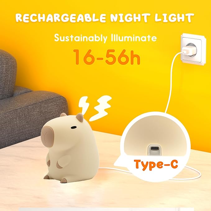 UNEEDE Cute Capybara Night Light, Novelty Animal Silicone Nursery Night Light Rechargeable Table Bedside Lamp with Touch Sensor for Bedroom Living Room Squishy Capybara Stuff Boys Girls Gifts - Bloomnest