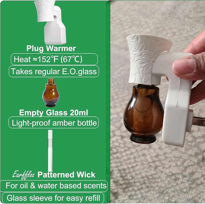 1 Pack Blank Plug-in Essential Oil Diffuser for DIY Characteristic Air Freshener from Natural Undiluted Essential Oil, EO+Water, Fragrance Refill for Plugins (1 Polarized Plug+1 Glass+1 Wick) Earffloz