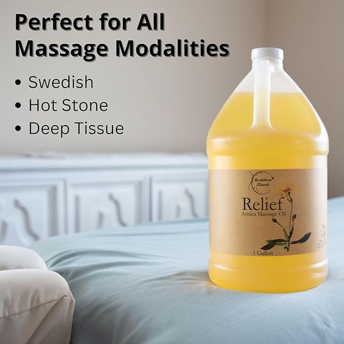 Relief Arnica Massage Oil for Massage Therapy | for Sports & Athletic | All Natural Arnica Montana for Sore Muscle Relief | Sweet Almond, Jojoba, Grapeseed & Essential Oils | 1 Gallon