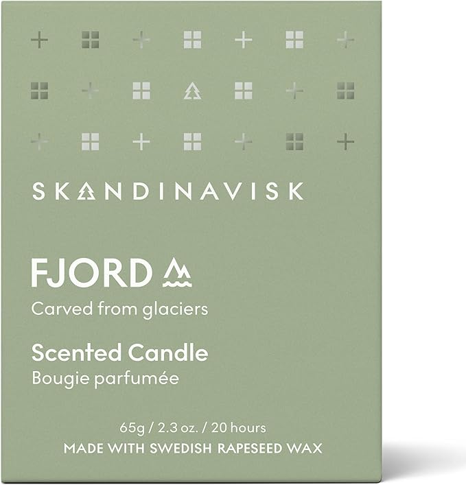 Skandinavisk Fjord Mini Scented Candle. Fragrance Notes: Apple and Pear Blossom, Orchard Fruits and Redcurrants. 2.3 oz. - Bloomnest