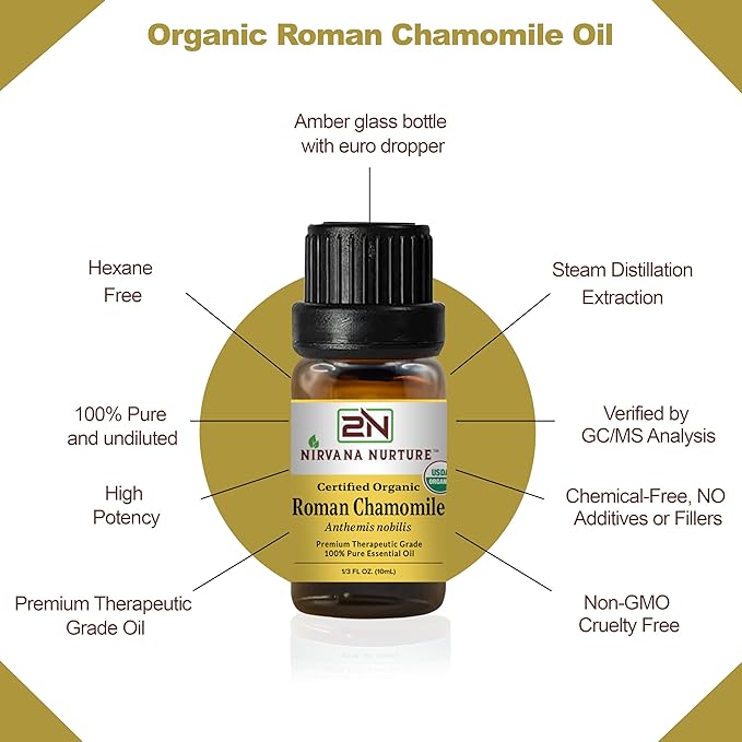 Roman Chamomile Essential Oil, USDA Certified Organic, 100% Pure Undiluted, Aromatherapy Oil for Diffuser, Hair & Skin Care NirvanaNurture