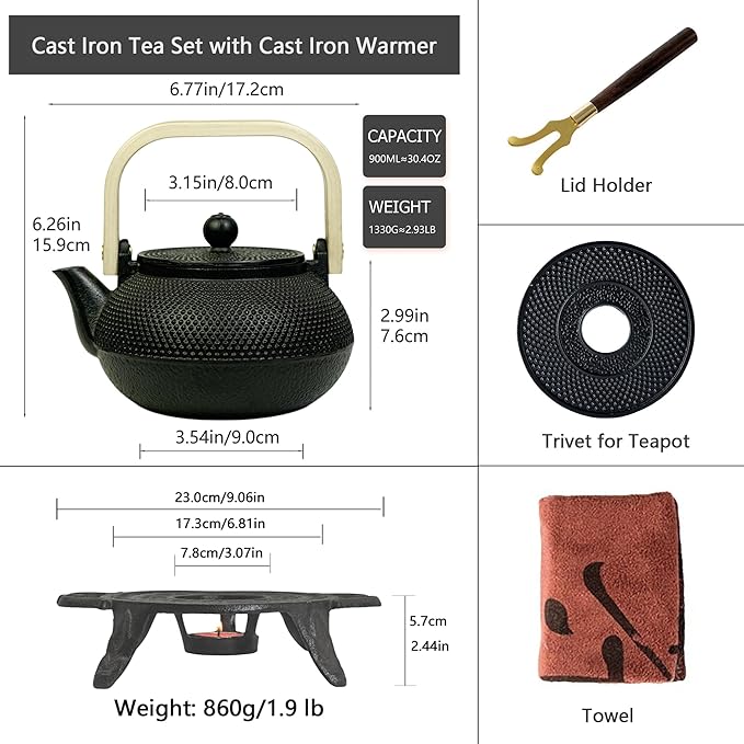 Cast Iron Tea Set with Teapot and Warmer, Japanese Tetsubin, 30.4oz Small Teapot with Infuser for Loose Leaf, Asian Tea Kettle for Stovetop Safe, Elegant Durable Tea Pot Set Gift - Bloomnest