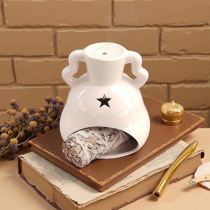 Handmade Ceramic Palo Santo Holder Burner & Sage Holder - Mini Tabletop Chiminea Burner Tray with Ash Catcher, Decorative Incense Holder for Spiritual Meditation & Yoga - Bloomnest